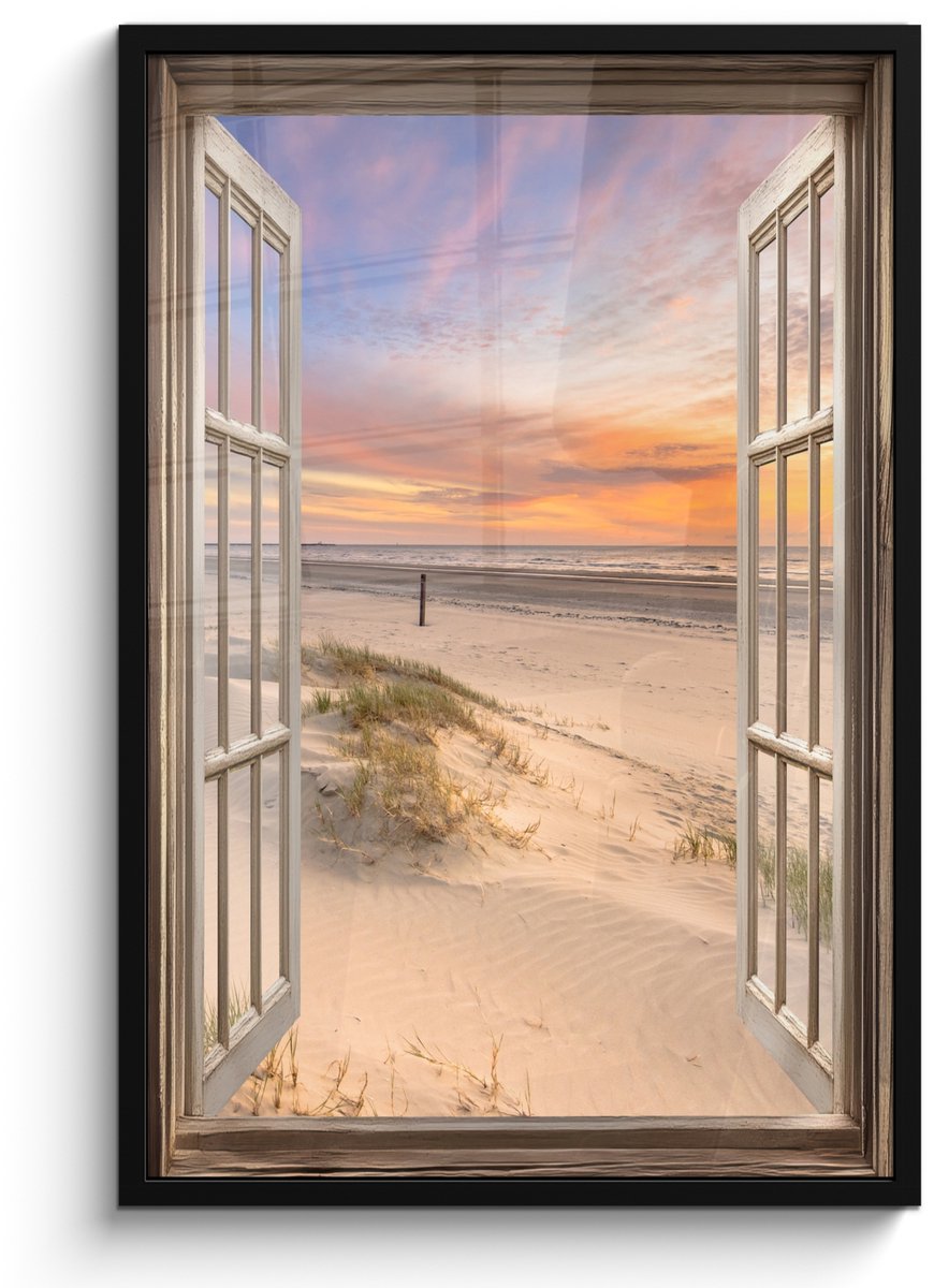 FrameYourWall Poster in lijst - Fotolijst 60x90 cm - Posters - Doorkijk - Strand - Duinen - Natuur - Landschap - Posterlijst zwart - Decoratie - Wanddecoratie woonkamer - Muurdecoratie slaapkamer Zonsondergang - Strand