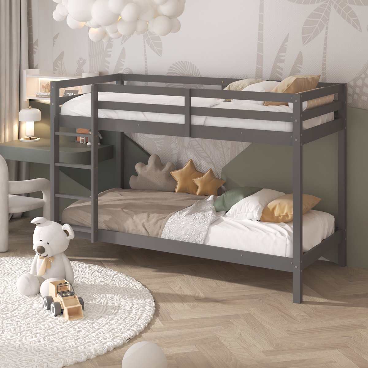 Sunny Jip Stapelbed – Met 2 Slaapplekken – Met Uitvalbeveiliging en rechte ladder - 208 x 97 x 140 cm – Peuterbed Meisjes en Jongens – FSC 100% Hout – Met Lattenbodems – Kinderstapelbed - Exclusief Matrassen – Grijs