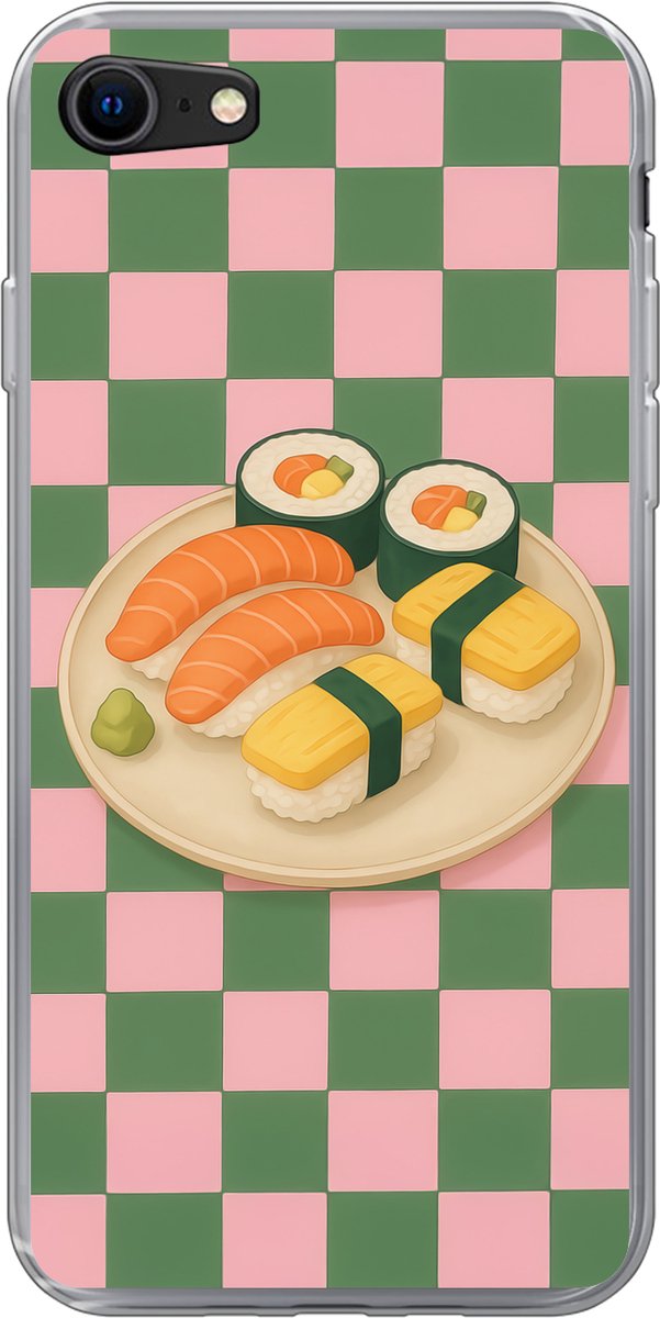 Telefoonhoesje Geschikt voor iPhone 7 hoesje - Sushi - Bord - Geblokt - Groen - Siliconen Telefoonhoesje Telefoonhoesje
