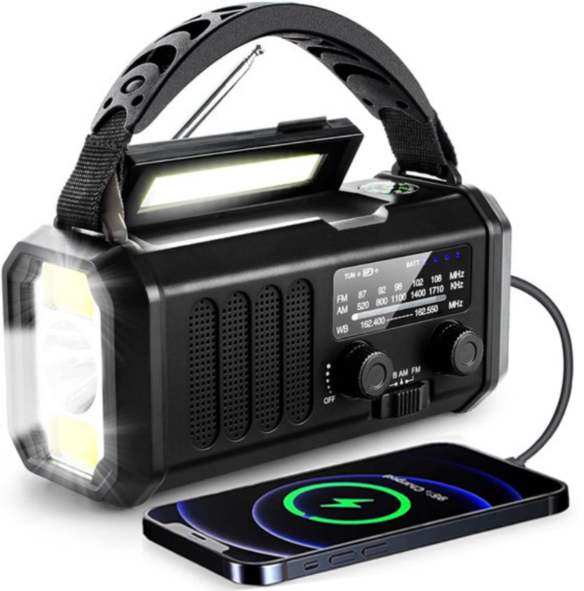 Noodradio op Zonne-energie - 10.000mAh Solar Powerbank - FM/AM - SOS-alarm - Survival Noodpakket - Zaklamp Oplaadbaar - met Zaklamp en Leeslamp - voor Stroomuitval en Kamperen - Zwart