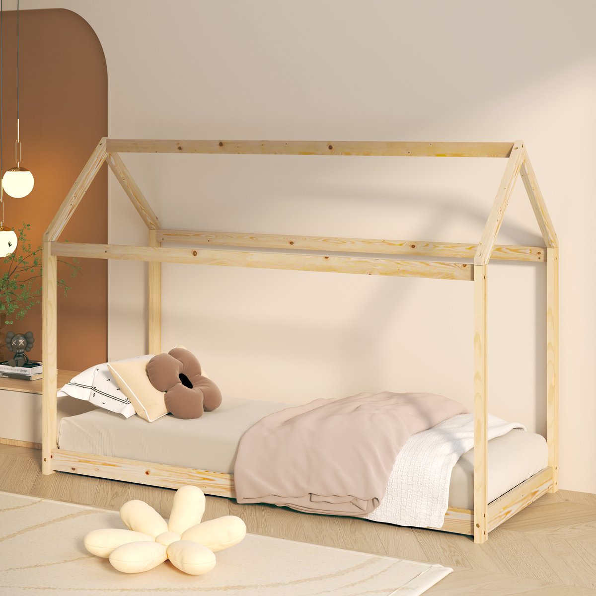 Sunny Zoey Bedhuisje – Kinderbed 206 x 98 x 154 cm – Peuterbed Meisjes en Jongens – FSC 100% Hout – Huisbed 90x200 - Met Lattenbodem - Exclusief Matras – Naturel