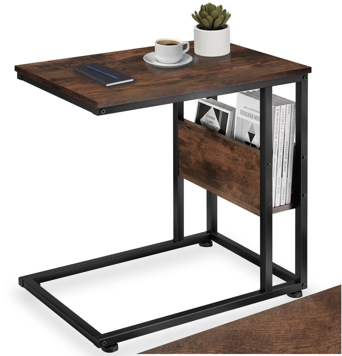 Tectake C-Vormige Bijzettafel van Hout en Metaal – Industrieel Design, Salontafel met Zijvak, 55x36,5x60 cm, Zwart Metalen Frame – industrial dark Donkerbruin - Rustiek