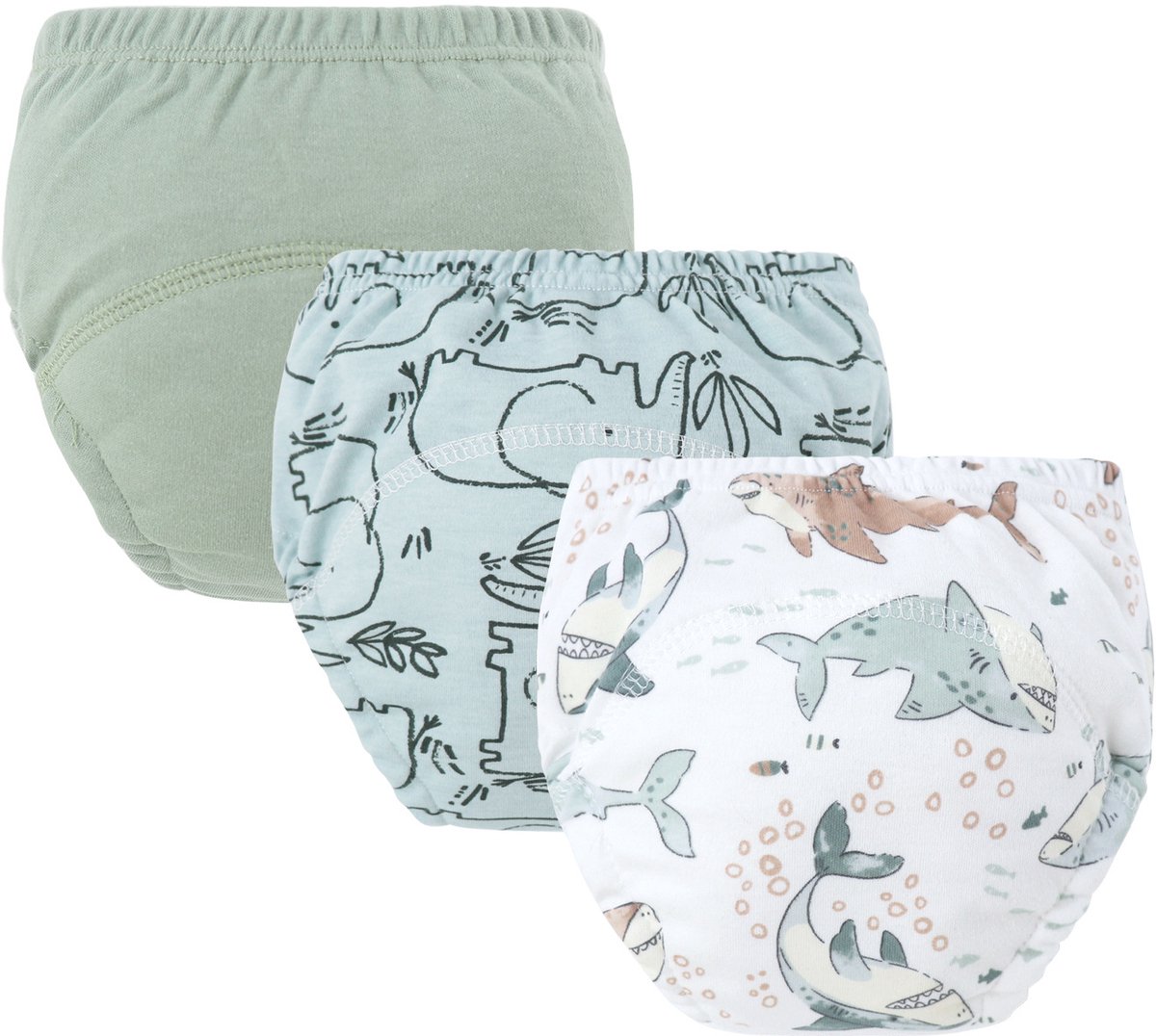 Image of 3-pack baby katoenen trainingsbroekjes - herbruikbare peuter zindelijkheidstrainingsbroekjes - rookgroen + stokfiguur olifant + grote mond haai (luiers) - geschikt voor jongens en meisjes van 12-18 kg