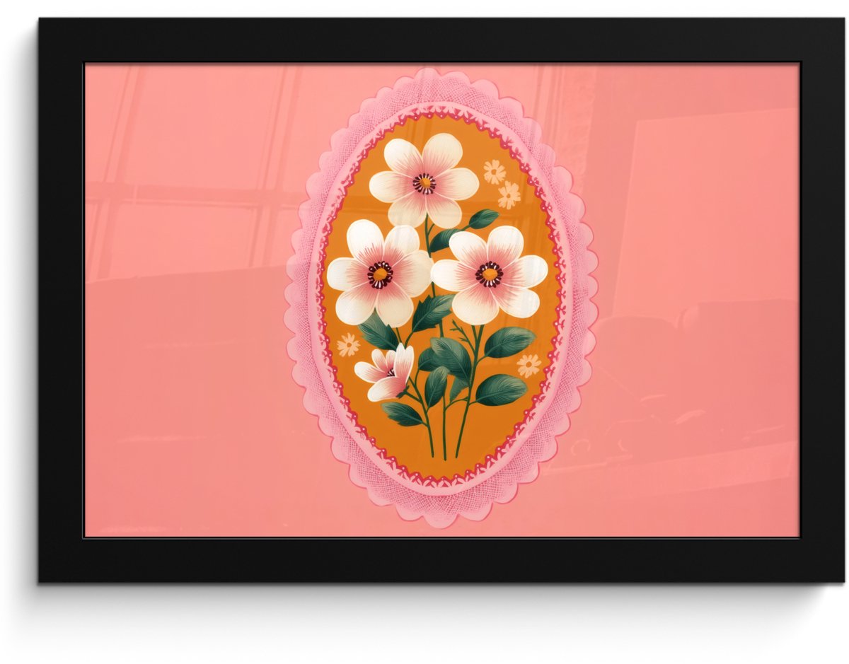 FrameYourWall Poster in lijst - Fotolijst 30x20 cm - Posters - Illustratie - Bloemen - Rand - Roze - Posterlijst zwart - Decoratie - Wanddecoratie woonkamer - Muurdecoratie slaapkamer