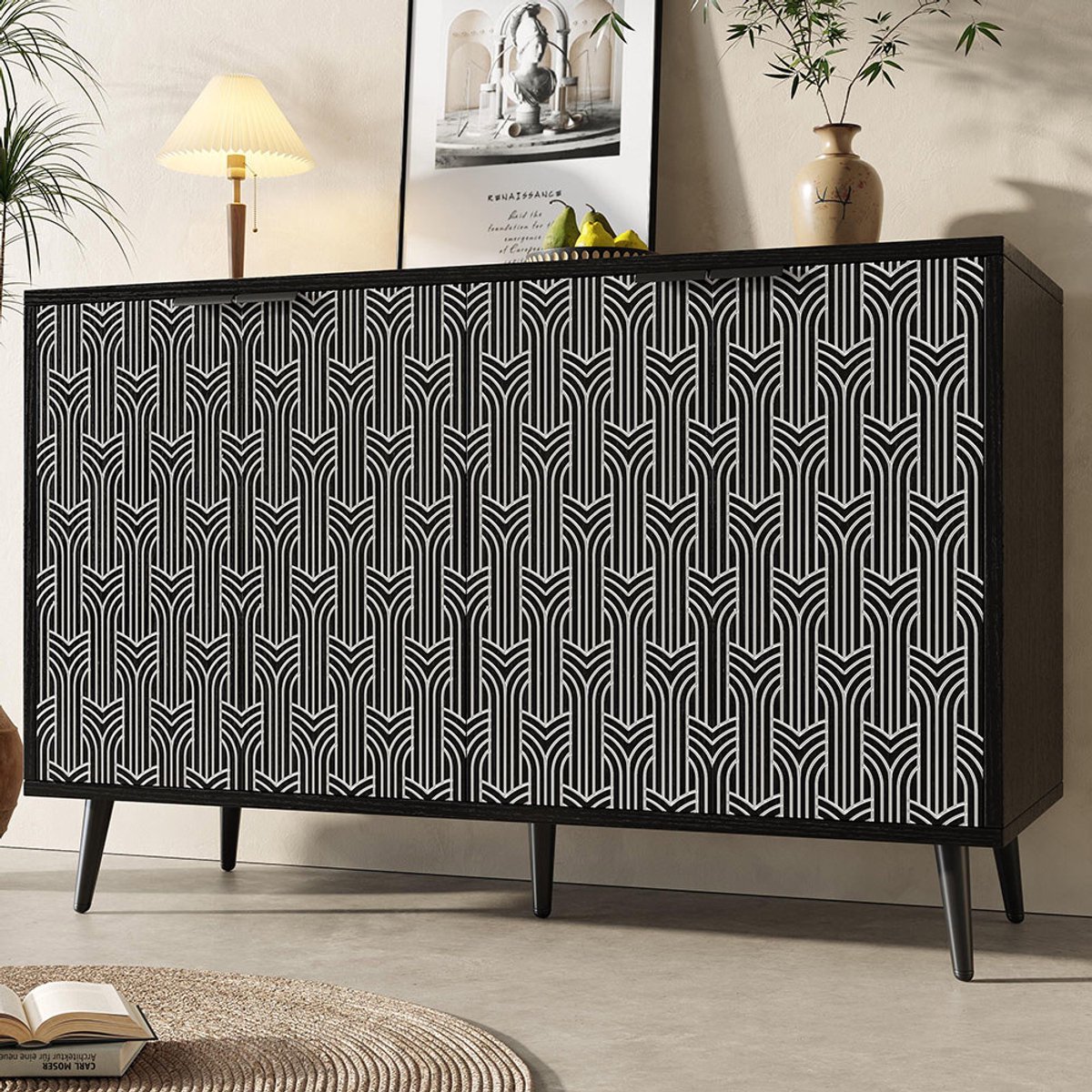 BLACKCOLORS Eetkamerkast (120 × 35 × 78 cm), opbergkast voor eetkamer en woonkamer, uniek ontwerp van de kastdeur, vrijstaande kast, antidumping, visgraatmotief, gebeeldhouwde deur, zwart