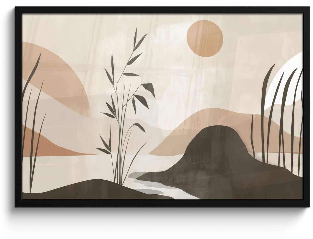 FrameYourWall Poster in lijst - Fotolijst 90x60 cm - Posters - Japandi - Landschap - Beige - Posterlijst zwart - Decoratie - Wanddecoratie woonkamer - Muurdecoratie slaapkamer Natuur