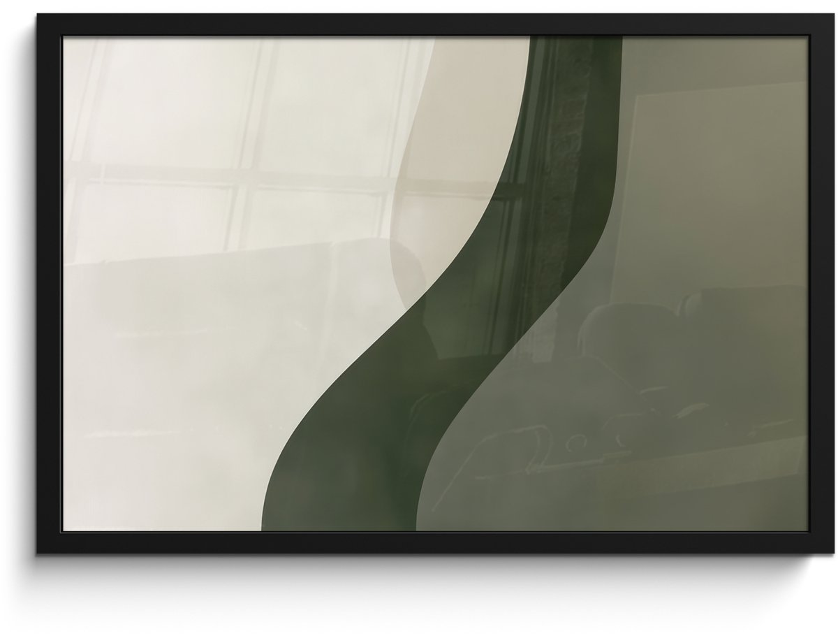 FrameYourWall Poster in lijst - Fotolijst 60x40 cm - Posters - Japandi - Groen - Abstract - Modern - Posterlijst zwart - Decoratie - Wanddecoratie woonkamer - Muurdecoratie slaapkamer Lijn