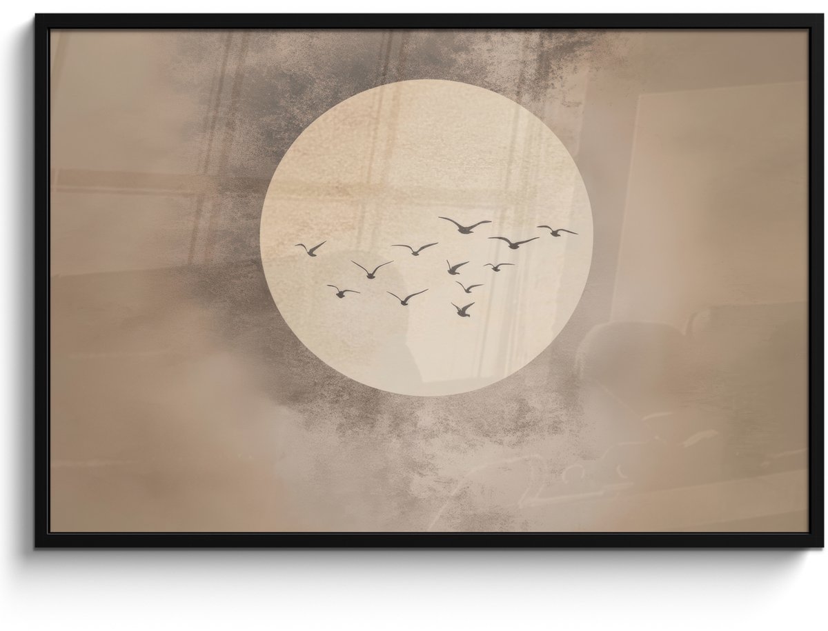 FrameYourWall Poster in lijst - Fotolijst 120x80 cm - Posters - Vogel - Beige - Japandi - Posterlijst zwart - Decoratie - Wanddecoratie woonkamer - Muurdecoratie slaapkamer Japandi - Vogels