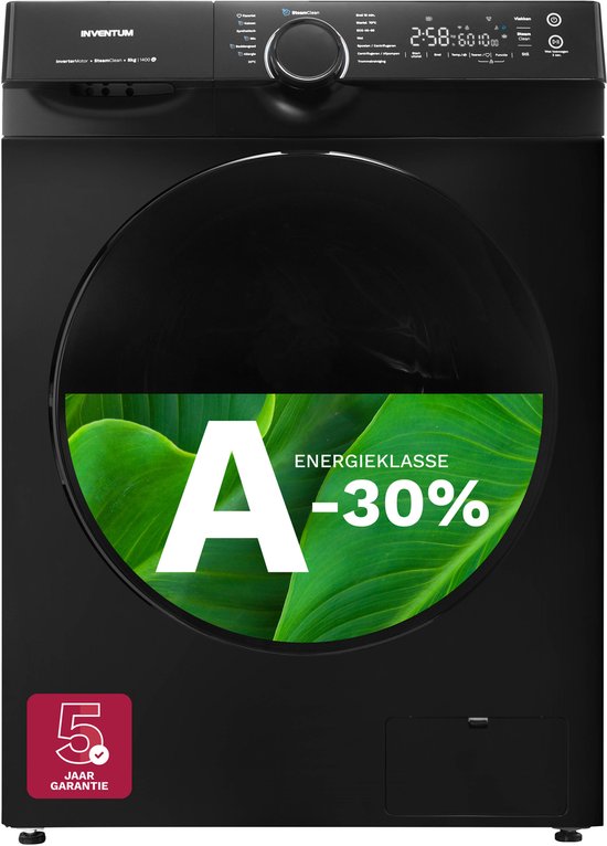 Inventum VWM8030B - Lave-linge - 8 kg - 14 programmes - 1400 tr/min - Classe énergétique A-30 % - Clean Steam - Silencieux : 72 dB - Zwart