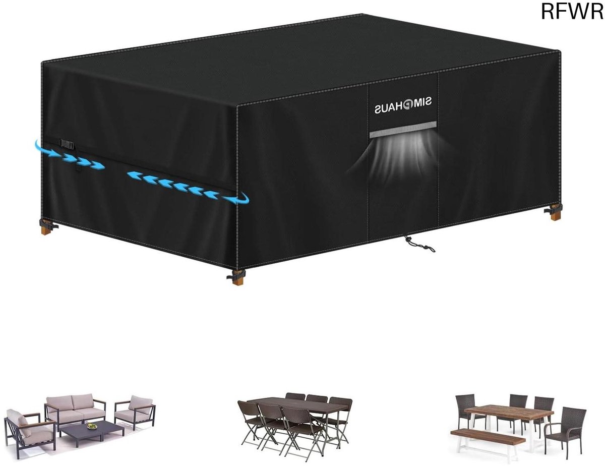 RFWR Waterdichte Afdekhoes voor Tuinmeubelen 180x90x75cm - UV Bestendige en Winddichte Bescherming Zwart