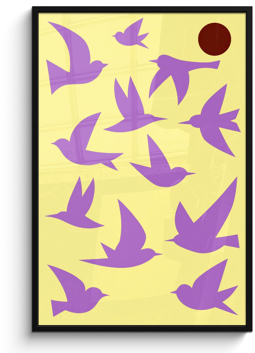 FrameYourWall Poster in lijst - Fotolijst 80x120 cm - Posters - Vogels - Cirkel - Geel - Beweging - Posterlijst zwart - Decoratie - Wanddecoratie woonkamer - Muurdecoratie slaapkamer