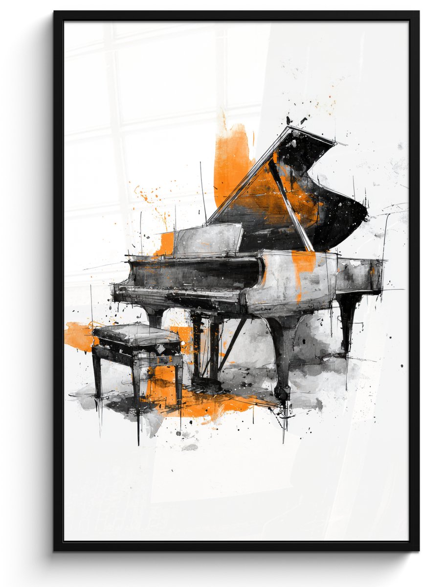 FrameYourWall Poster in lijst - Fotolijst 80x120 cm - Posters - Piano - Oranje - Zwart - schets lijnen - Posterlijst zwart - Decoratie - Wanddecoratie woonkamer - Muurdecoratie slaapkamer