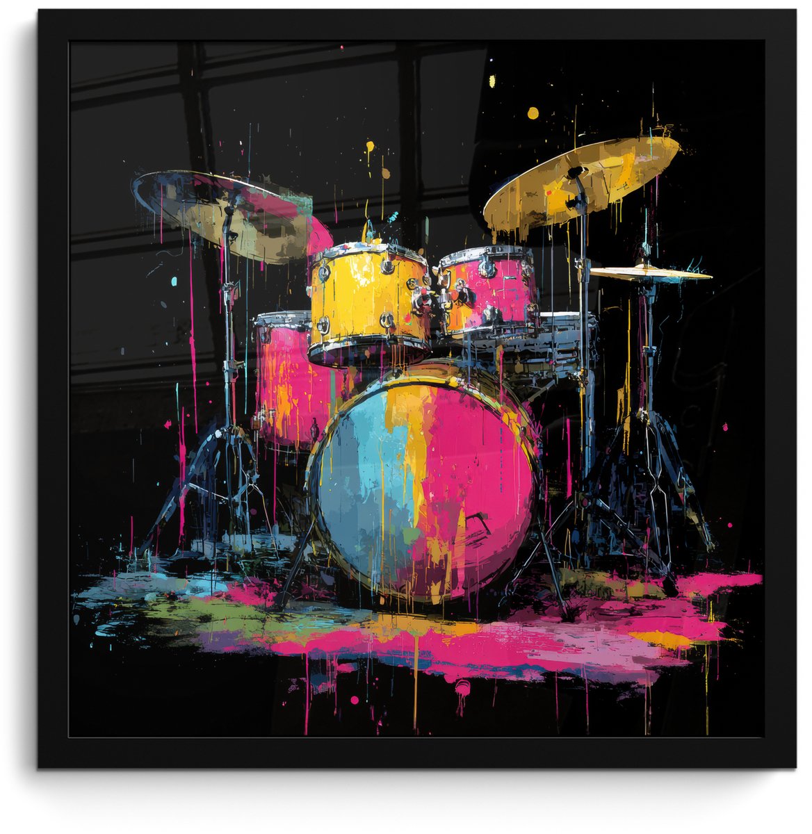 FrameYourWall Poster in lijst - Fotolijst 40x40 cm - Posters - Drumstel - Kleurrijk - Verf - Levendig - Posterlijst zwart - Decoratie - Wanddecoratie woonkamer - Muurdecoratie slaapkamer