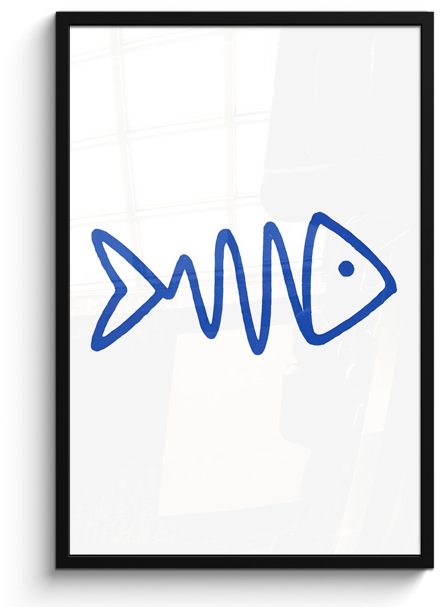 FrameYourWall Poster in lijst - Fotolijst 60x90 cm - Posters - Vis - Minimalistisch - Blauw - Lijn - Posterlijst zwart - Decoratie - Wanddecoratie woonkamer - Muurdecoratie slaapkamer Vis - Lijnen