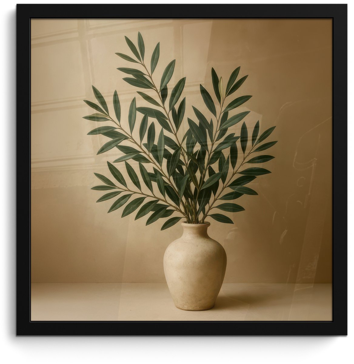 FrameYourWall Poster in lijst - Fotolijst 40x40 cm - Posters - Vaas - Olijftakken - Bladeren - Beige - Posterlijst zwart - Decoratie - Wanddecoratie woonkamer - Muurdecoratie slaapkamer
