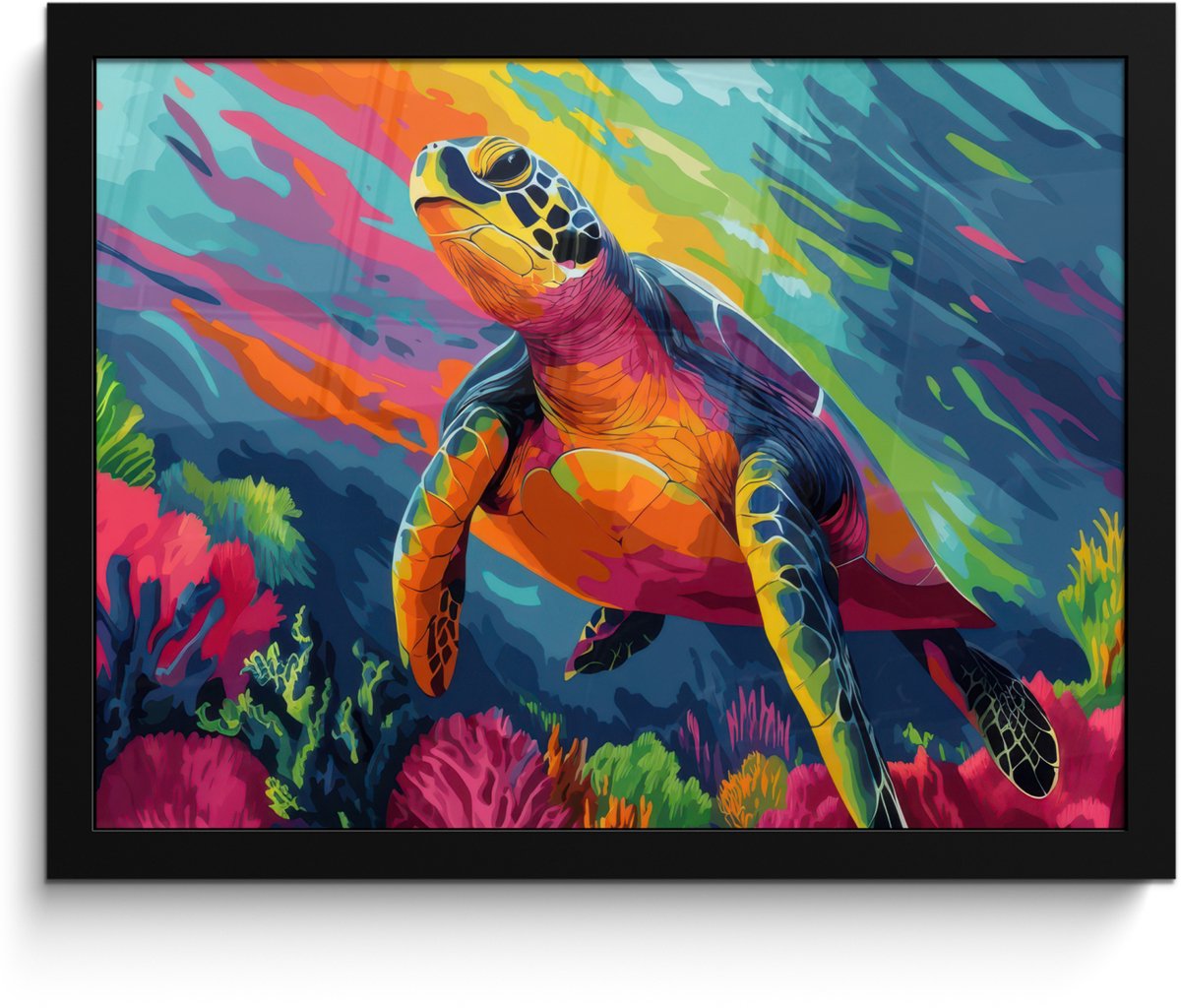 FrameYourWall Poster in lijst - Fotolijst 40x30 cm - Posters - Koraal - Schildpad - Abstract - Water - Posterlijst zwart - Decoratie - Wanddecoratie woonkamer - Muurdecoratie slaapkamer Schildpad - Kleurrijk