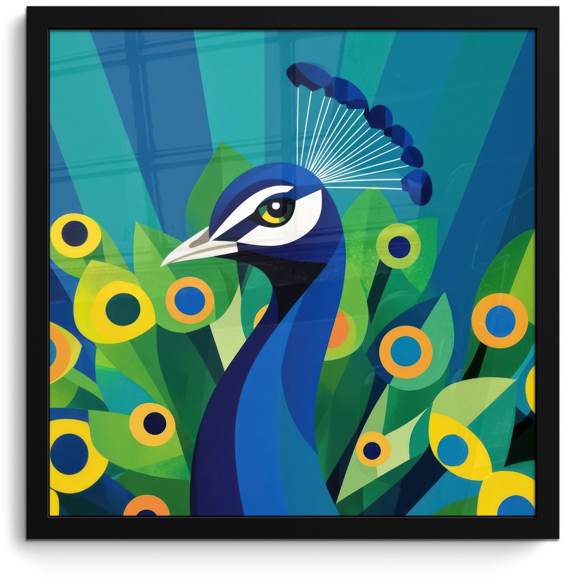 FrameYourWall Poster in lijst - Fotolijst 40x40 cm - Posters - Pauw - Cirkels - Blauw - Posterlijst zwart - Decoratie - Wanddecoratie woonkamer - Muurdecoratie slaapkamer Pauw - Veren