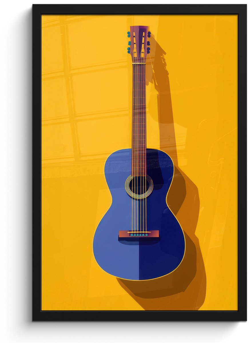 FrameYourWall Poster in lijst - Fotolijst 40x60 cm - Posters - Gitaar - Akoestisch - Minimalistisch - Geel - Posterlijst zwart - Decoratie - Wanddecoratie woonkamer - Muurdecoratie slaapkamer - Kerstversiering - Kerstdecoratie voor binnen - Kerstmis