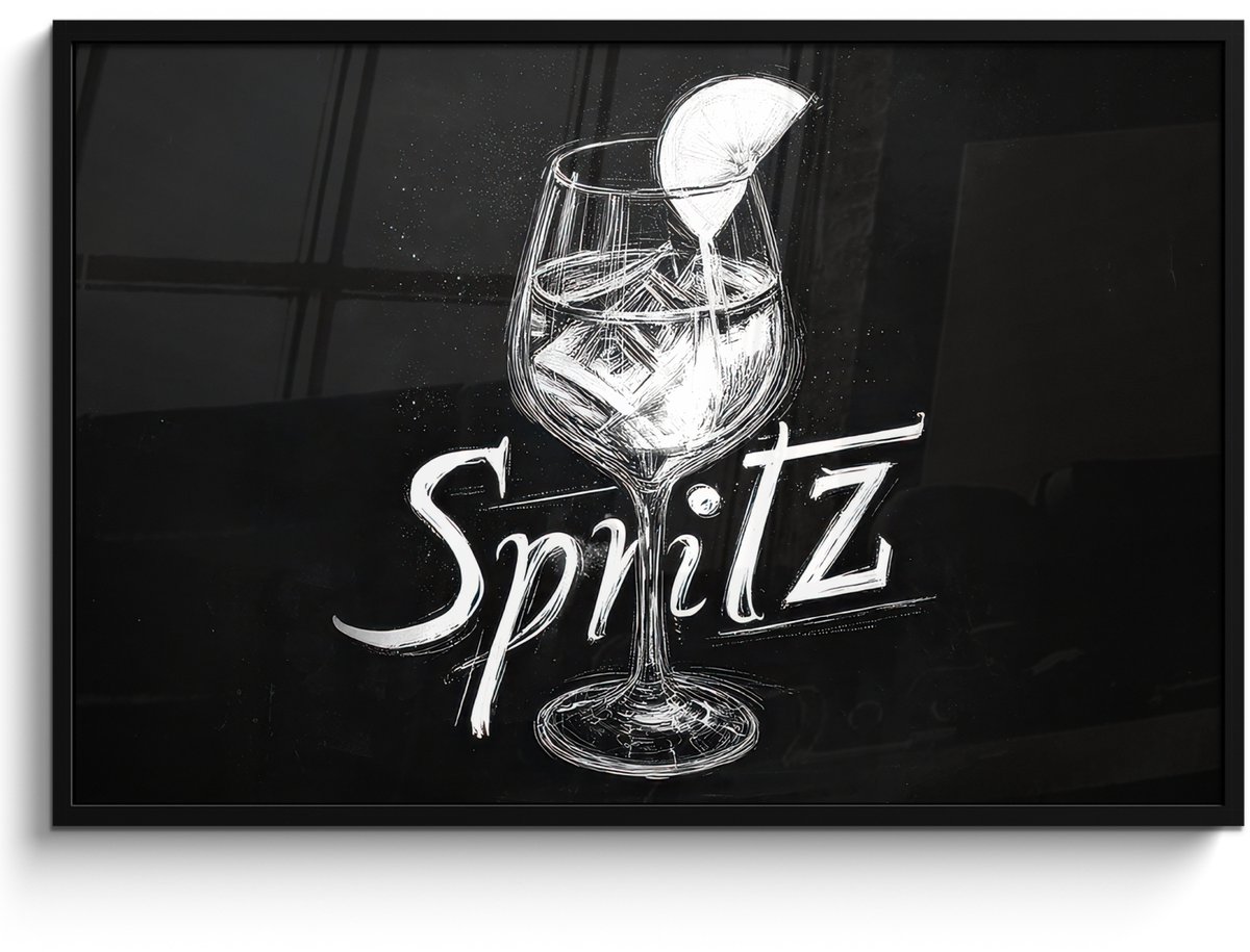 FrameYourWall Poster in lijst - Fotolijst 120x80 cm - Posters - Glas spritz - Krijtletters - Ijsblokjes - Citroen - Posterlijst zwart - Decoratie - Wanddecoratie woonkamer - Muurdecoratie slaapkamer Glas - Spritz