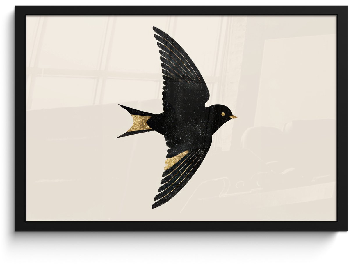 FrameYourWall Poster in lijst - Fotolijst 60x40 cm - Posters - Zwarte zwaluw - Gouden accenten - Lichte achtergrond - Posterlijst zwart - Decoratie - Wanddecoratie woonkamer - Muurdecoratie slaapkamer