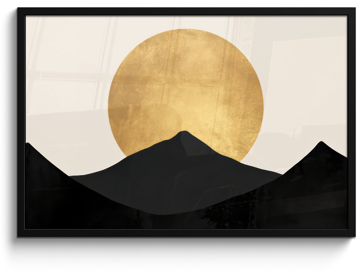 FrameYourWall Poster in lijst - Fotolijst 90x60 cm - Posters - Bergsilhouetten - Gouden cirkel - Beige - Posterlijst zwart - Decoratie - Wanddecoratie woonkamer - Muurdecoratie slaapkamer Bergsilhouetten - Cirkel