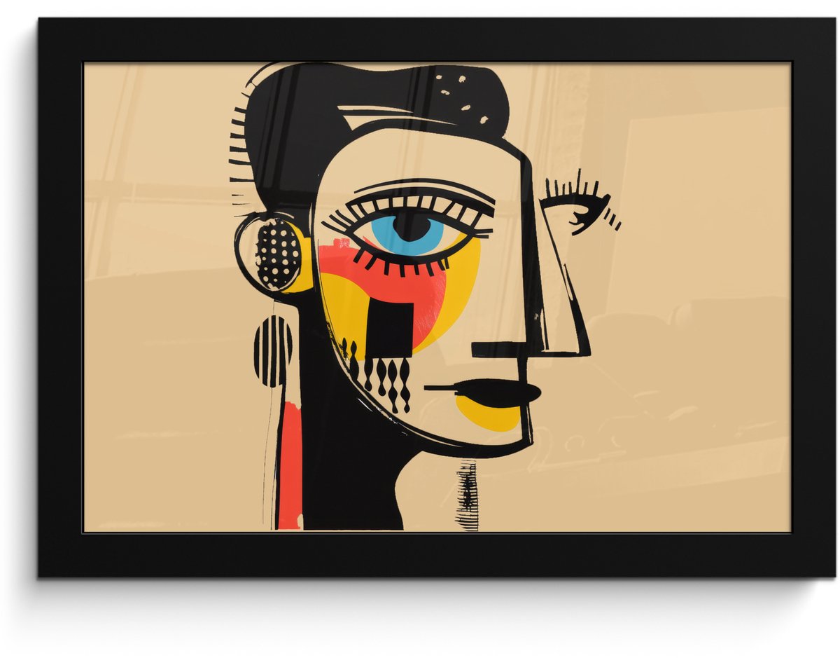 FrameYourWall Poster in lijst - Fotolijst 30x20 cm - Posters - Geometrisch - Felle kleuren - Kubistische stijl - Posterlijst zwart - Decoratie - Wanddecoratie woonkamer - Muurdecoratie slaapkamer Gezicht - Kunst