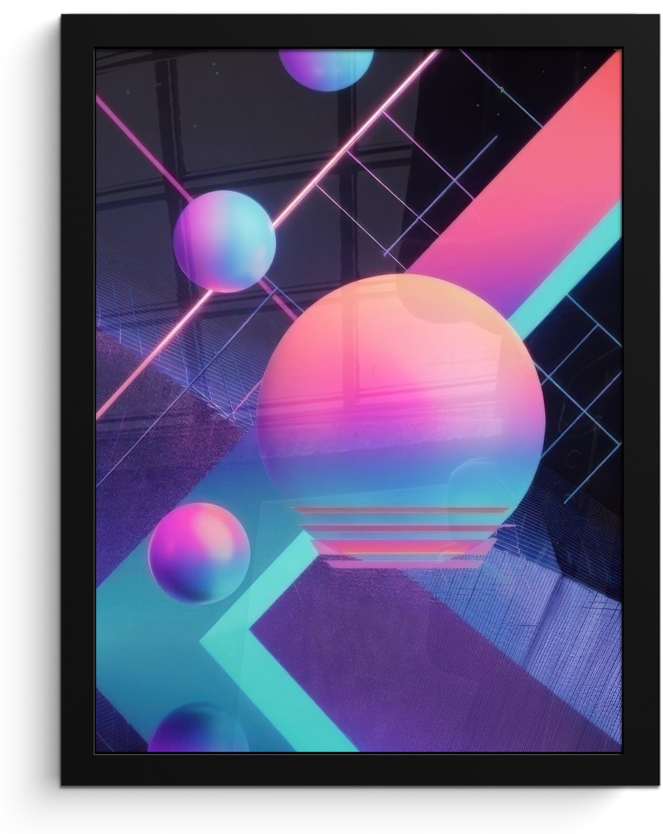 FrameYourWall Poster in lijst - Fotolijst 30x40 cm - Posters - Cirkels - Vlakken - Abstract - Blauw - Posterlijst zwart - Decoratie - Wanddecoratie woonkamer - Muurdecoratie slaapkamer Cirkels - Neon