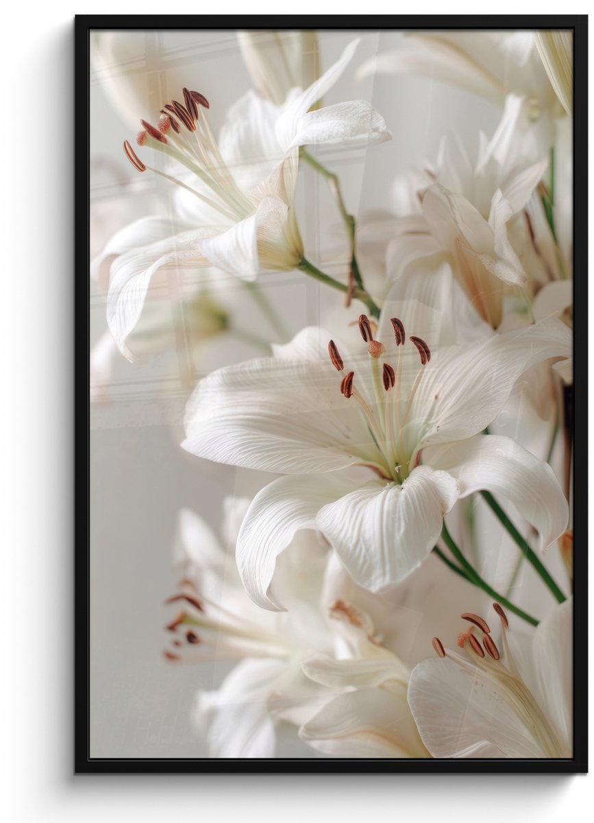 FrameYourWall Poster in lijst - Fotolijst 80x120 cm - Posters - Lelies - Boekte - Wit - Meeldraden - Posterlijst zwart - Decoratie - Wanddecoratie woonkamer - Muurdecoratie slaapkamer Lelies - Meeldraden