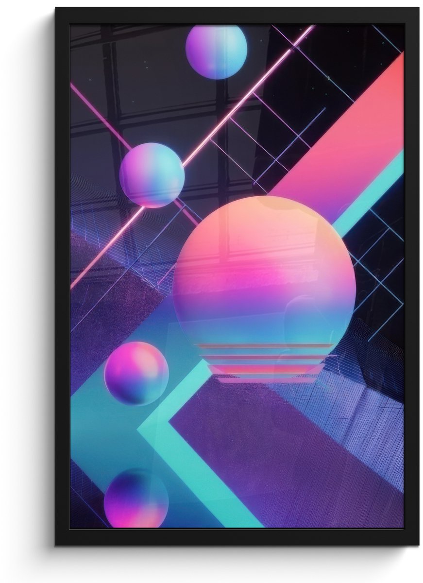 FrameYourWall Poster in lijst - Fotolijst 40x60 cm - Posters - Cirkels - Vlakken - Abstract - Blauw - Posterlijst zwart - Decoratie - Wanddecoratie woonkamer - Muurdecoratie slaapkamer Cirkels - Neon
