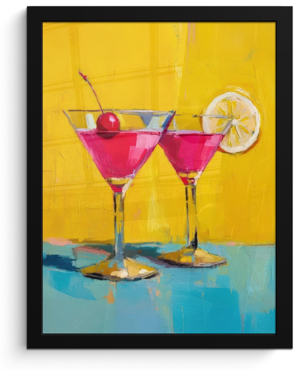 FrameYourWall Poster in lijst - Fotolijst 30x40 cm - Posters - Glazen - Cocktail - Citroen - Kers - Posterlijst zwart - Decoratie - Wanddecoratie woonkamer - Muurdecoratie slaapkamer