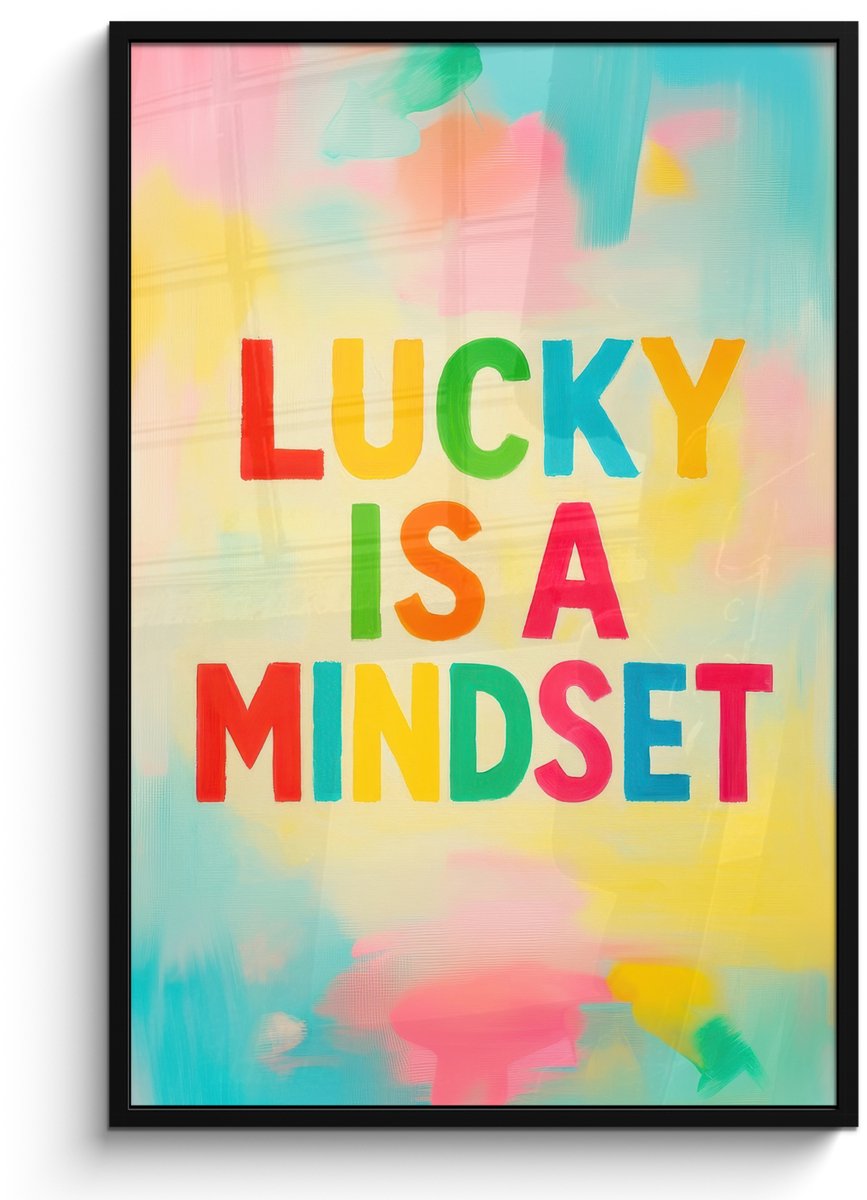 FrameYourWall Poster in lijst - Fotolijst 80x120 cm - Posters - Quote - Lucky - Regenboogkleuren - Posterlijst zwart - Decoratie - Wanddecoratie woonkamer - Muurdecoratie slaapkamer Quote - Lucky - Kleurrijk
