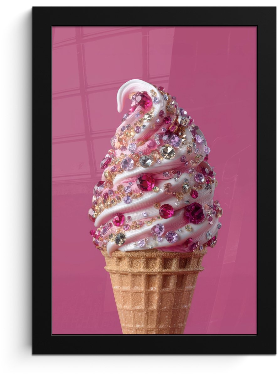 FrameYourWall Poster in lijst - Fotolijst 20x30 cm - Posters - Softijs - Edelstenen - Roze - Hoorntje - Posterlijst zwart - Decoratie - Wanddecoratie woonkamer - Muurdecoratie slaapkamer