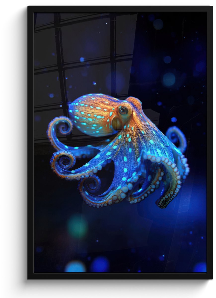 FrameYourWall Poster in lijst - Fotolijst 60x90 cm - Posters - Octopus - Stippen - Blauw - Zee - Posterlijst zwart - Decoratie - Wanddecoratie woonkamer - Muurdecoratie slaapkamer