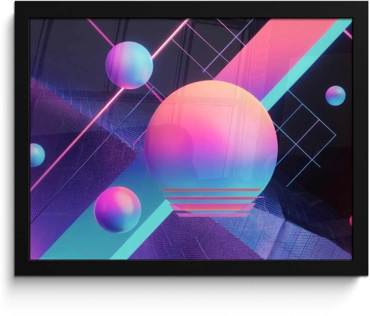 FrameYourWall Poster in lijst - Fotolijst 40x30 cm - Posters - Cirkels - Vlakken - Abstract - Blauw - Posterlijst zwart - Decoratie - Wanddecoratie woonkamer - Muurdecoratie slaapkamer Cirkels - Neon