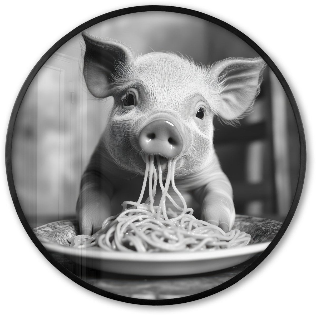 FrameYourWall Poster in lijst Rond - Fotolijst 60x60 cm - Posters - Varken - Schattig - Spaghetti - Zwart wit - Dier - Ronde posterlijst zwart - Decoratie - Wanddecoratie woonkamer - Muurdecoratie slaapkamer