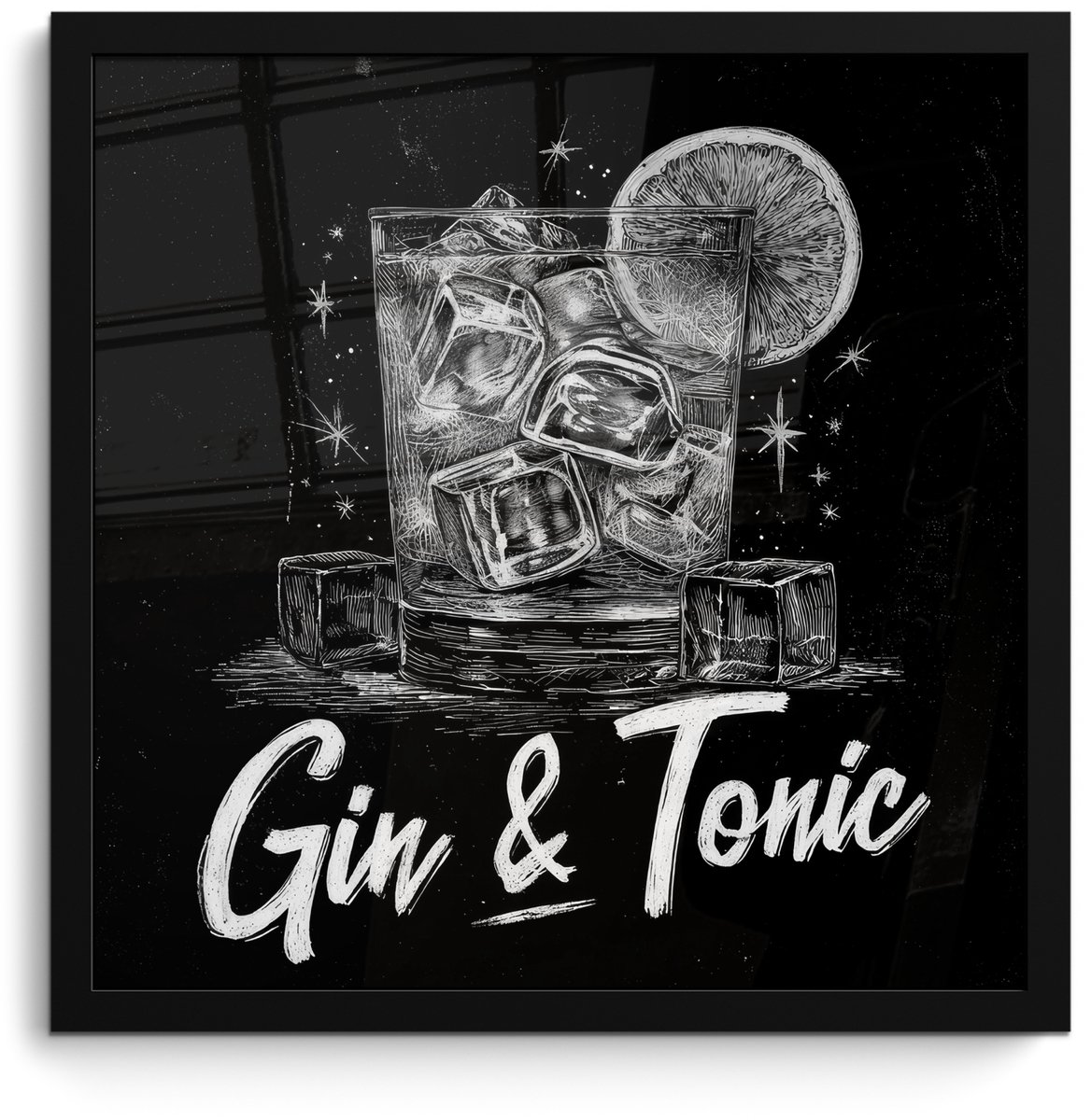 FrameYourWall Poster in lijst - Fotolijst 40x40 cm - Posters - Gin en tonic - Glas - Limoen - Ijsblokjes - Posterlijst zwart - Decoratie - Wanddecoratie woonkamer - Muurdecoratie slaapkamer Gin & tonic - Ijsblokjes
