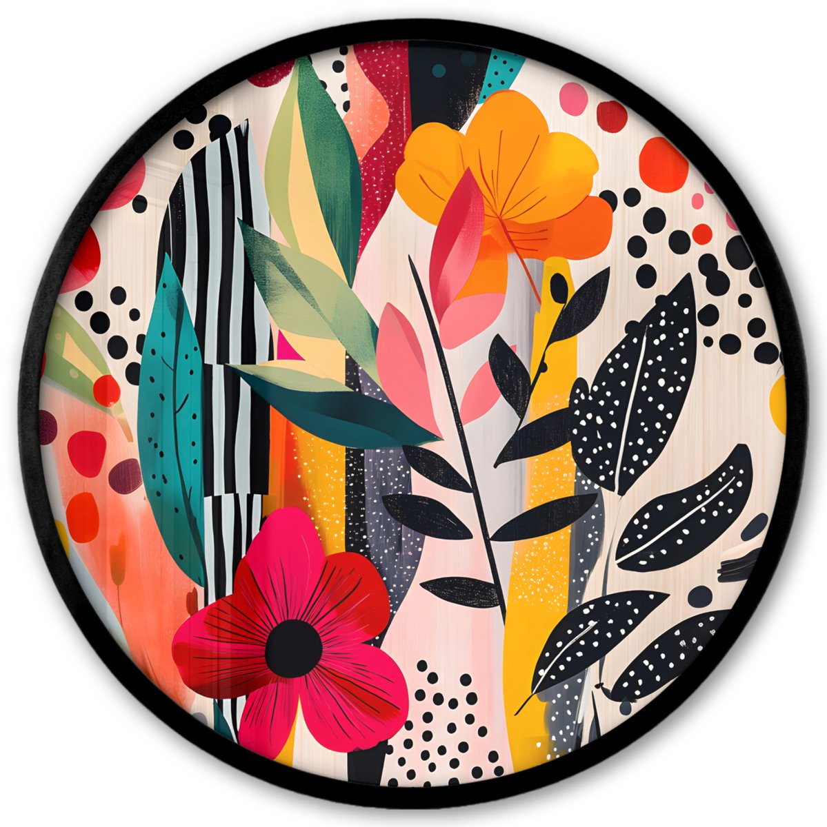 FrameYourWall Poster in lijst Rond - Fotolijst 40x40 cm - Posters - Bloemen - Bladeren - Abstract - Kleurrijk - Ronde posterlijst zwart - Decoratie - Wanddecoratie woonkamer - Muurdecoratie slaapkamer Bloemen - Kleurrijk - Stippen