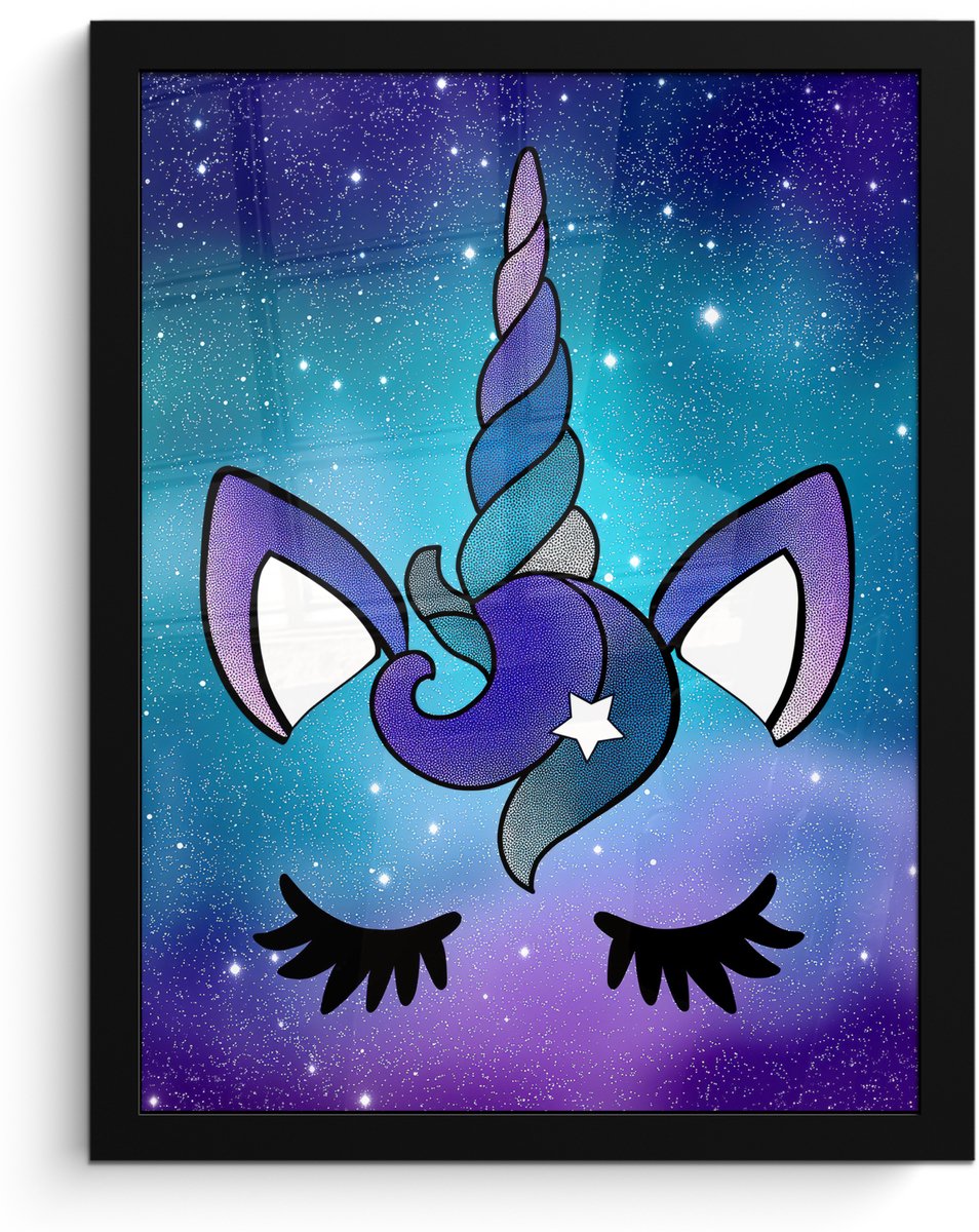 FrameYourWall Poster in lijst - Fotolijst 30x40 cm - Posters - Eenhoorn - Sterrenhemel - Ster - Blauw - Posterlijst zwart - Decoratie - Wanddecoratie woonkamer - Muurdecoratie slaapkamer