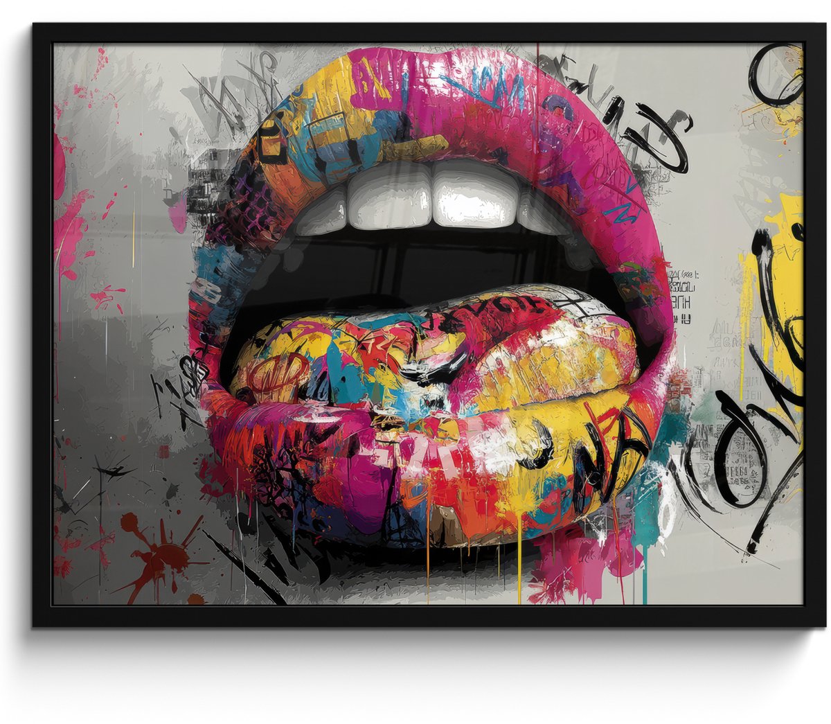 FrameYourWall Poster in lijst - Fotolijst 80x60 cm - Posters - Lippen - Graffiti - Expressief - Posterlijst zwart - Decoratie - Wanddecoratie woonkamer - Muurdecoratie slaapkamer