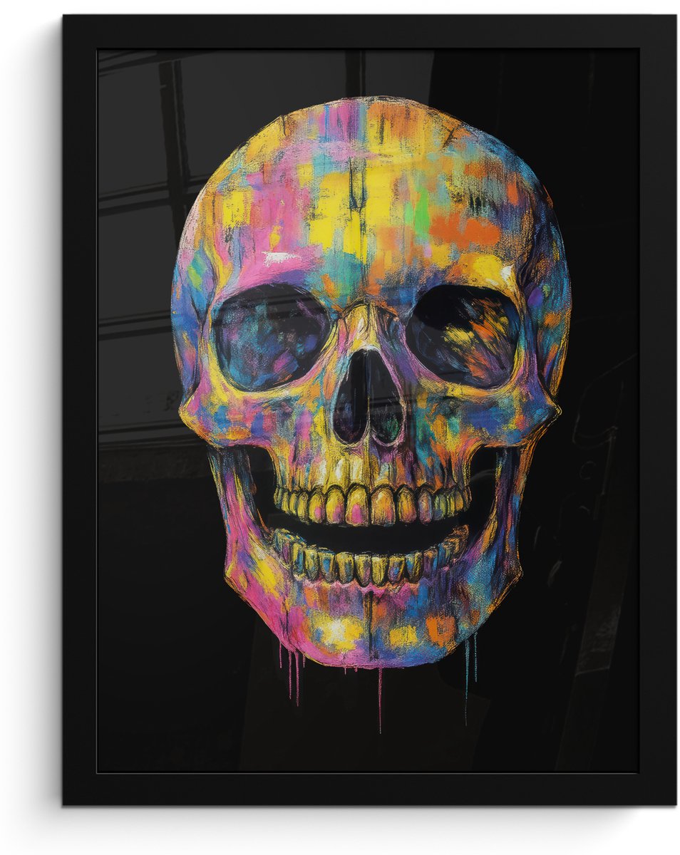 FrameYourWall Poster in lijst - Fotolijst 30x40 cm - Posters - Penseelstreken - Schedel - Kleurrijk - Abstract - Posterlijst zwart - Decoratie - Wanddecoratie woonkamer - Muurdecoratie slaapkamer Schedel - Penseelstreken