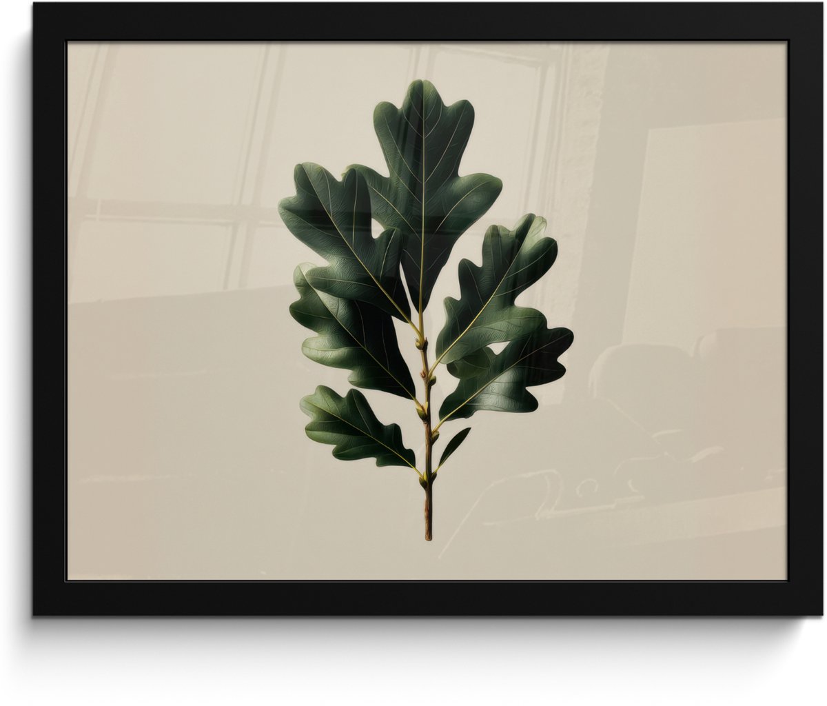 FrameYourWall Poster in lijst - Fotolijst 40x30 cm - Posters - Eikenbladeren - Beige - Groen - Golvende randen - Posterlijst zwart - Decoratie - Wanddecoratie woonkamer - Muurdecoratie slaapkamer