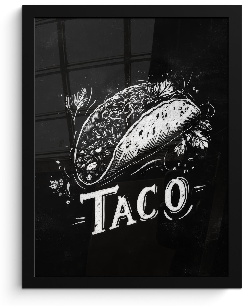 FrameYourWall Poster in lijst - Fotolijst 30x40 cm - Posters - Taco - Kruiden - Witte krijtstijl - Tekst - Posterlijst zwart - Decoratie - Wanddecoratie woonkamer - Muurdecoratie slaapkamer