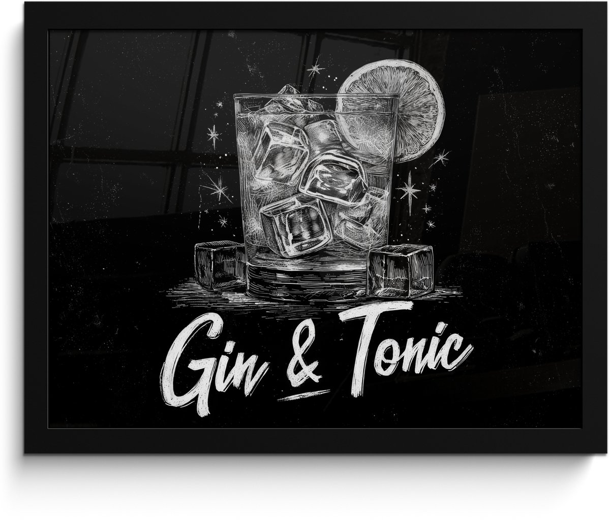 FrameYourWall Poster in lijst - Fotolijst 40x30 cm - Posters - Gin en tonic - Glas - Limoen - Ijsblokjes - Posterlijst zwart - Decoratie - Wanddecoratie woonkamer - Muurdecoratie slaapkamer Gin & tonic - Ijsblokjes