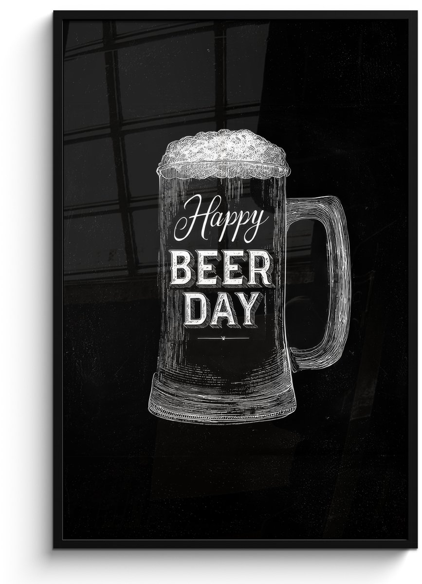 FrameYourWall Poster in lijst - Fotolijst 80x120 cm - Posters - Bierpul - Witte krijtletters - Happy beer day - Posterlijst zwart - Decoratie - Wanddecoratie woonkamer - Muurdecoratie slaapkamer Bierpul - Happy beer day