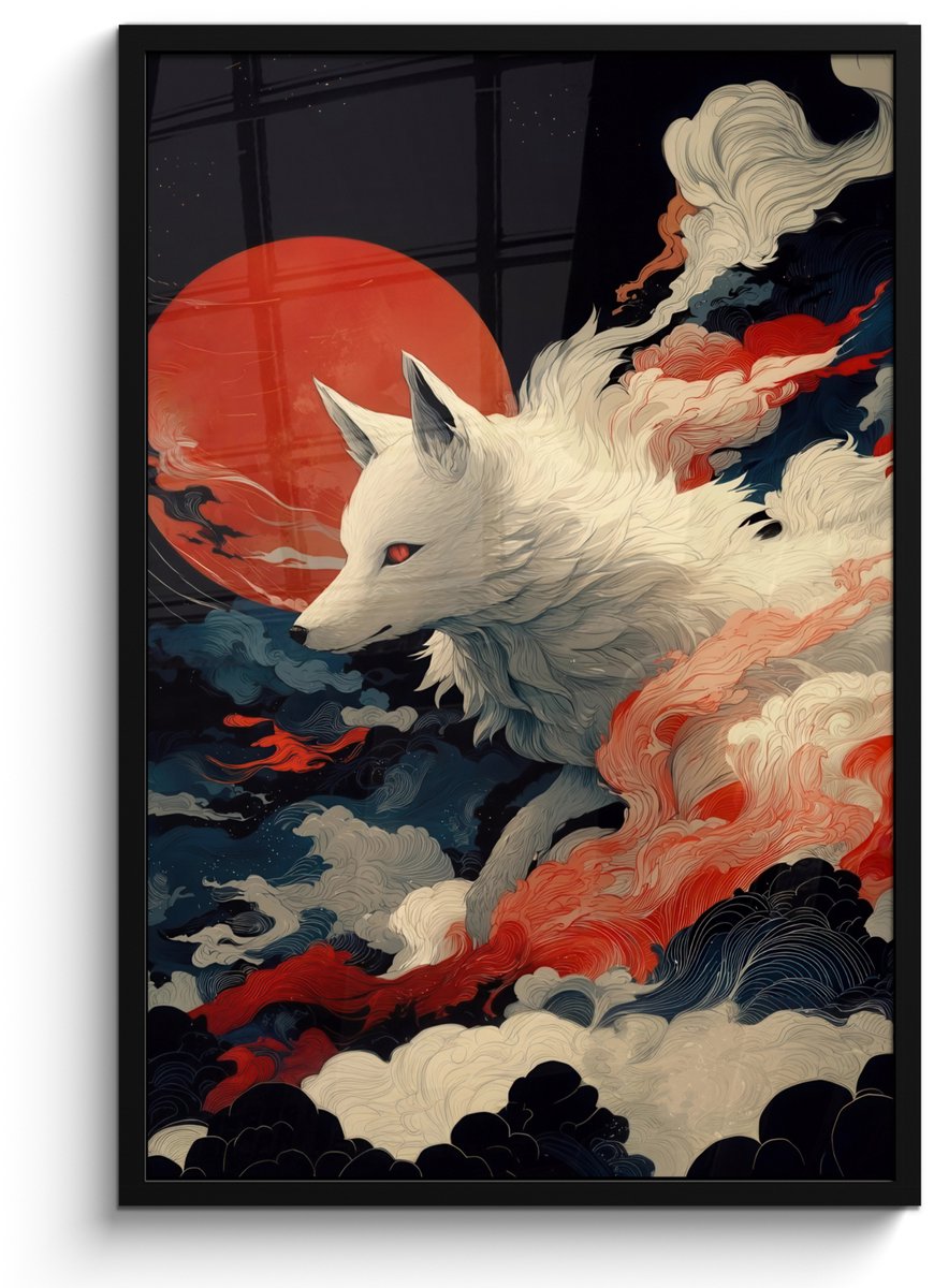 FrameYourWall Poster in lijst - Fotolijst 60x90 cm - Posters - Witte vos - wolken - maan - Posterlijst zwart - Decoratie - Wanddecoratie woonkamer - Muurdecoratie slaapkamer