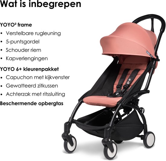 BABYZEN YOYO2 Kinderwagen (Zwart Frame met Ginger 6+ Kleurenpakket) - Inclusief Harnas, Rugleuning, Kapverlengingen, Schouderband, Opbergtas, Zitkussen en Bijpassende Kap van Merkloos — afbeelding 4