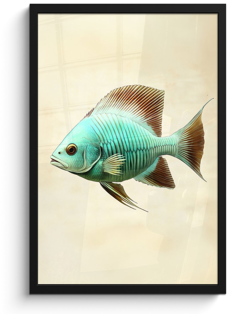 FrameYourWall Poster in lijst - Fotolijst 40x60 cm - Posters - Schubben - Vis - Mint - Minimalistisch - Posterlijst zwart - Decoratie - Wanddecoratie woonkamer - Muurdecoratie slaapkamer Vis - Schubben