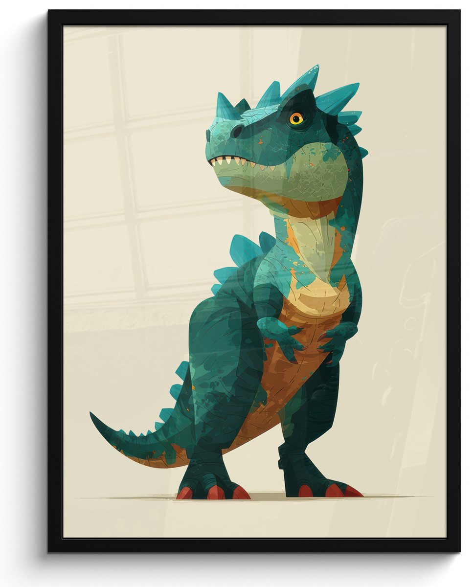 FrameYourWall Poster in lijst - Fotolijst 60x80 cm - Posters - Stekels - Dino - Blauw - Gespierd - Posterlijst zwart - Decoratie - Wanddecoratie woonkamer - Muurdecoratie slaapkamer