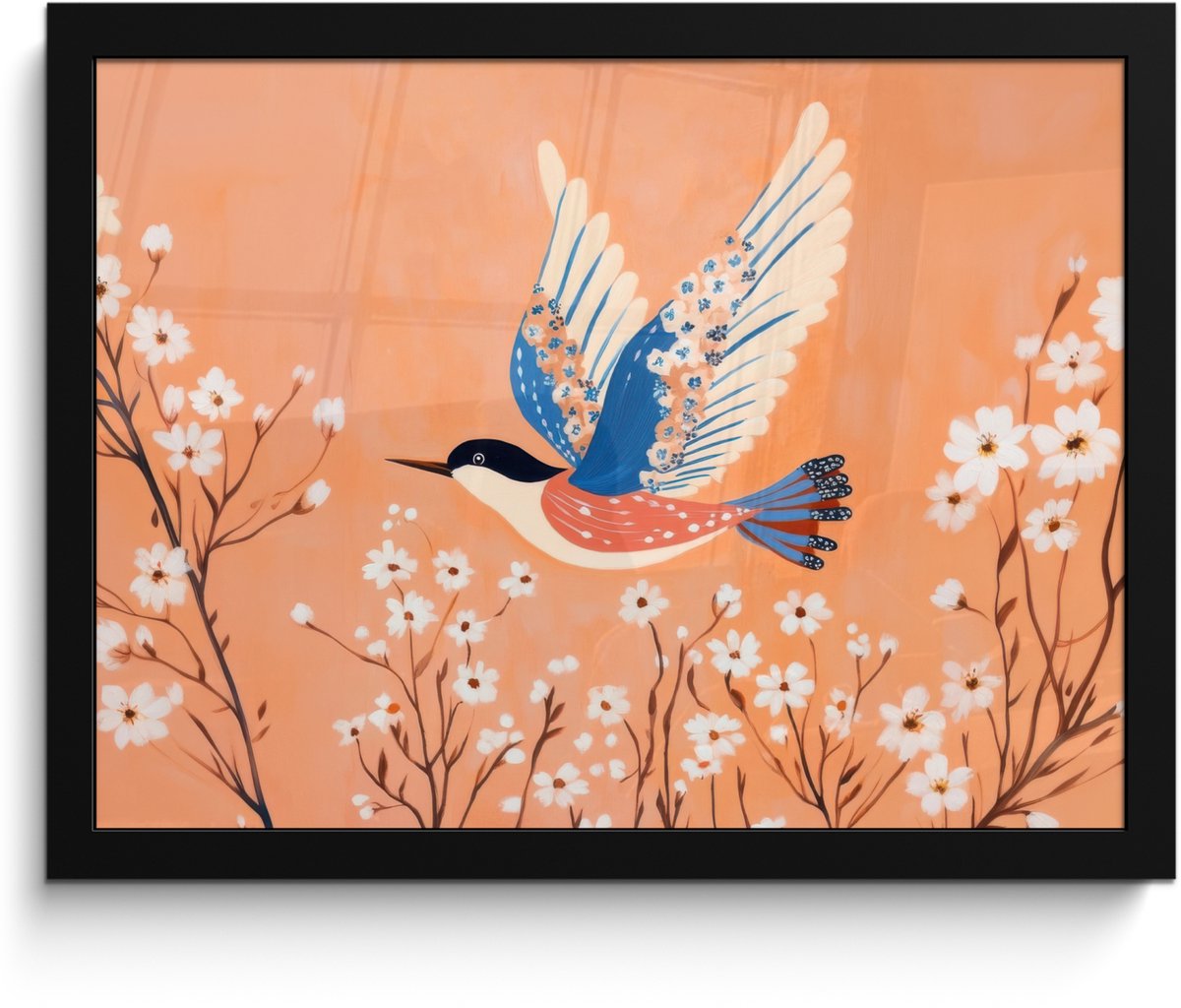 FrameYourWall Poster in lijst - Fotolijst 40x30 cm - Posters - Vogel - Bloesemtakken - Warm - Kleurrijk - Posterlijst zwart - Decoratie - Wanddecoratie woonkamer - Muurdecoratie slaapkamer