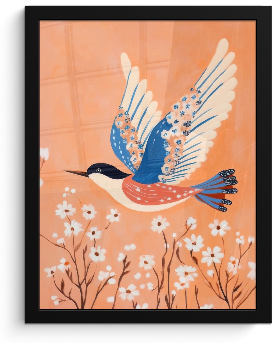 FrameYourWall Poster in lijst - Fotolijst 30x40 cm - Posters - Vogel - Bloesemtakken - Warm - Kleurrijk - Posterlijst zwart - Decoratie - Wanddecoratie woonkamer - Muurdecoratie slaapkamer
